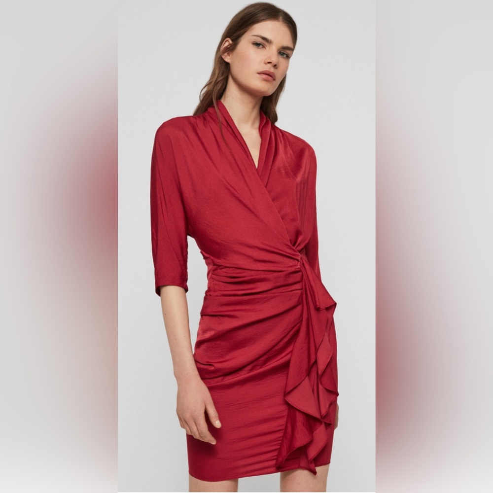 All Saints Issey Burgundy Ruched Dress